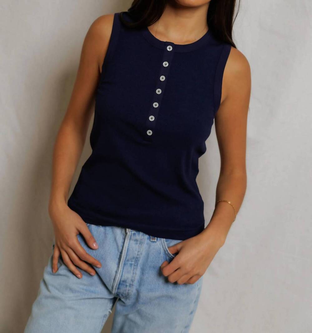 NEW PERFECTWHITETEE loretta quarter button down rib tank top in navy